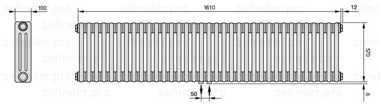 Схема (чертеж) Радиатор Zehnder Charleston 3057/35 №5410 Белый глянцевый RAL 9016